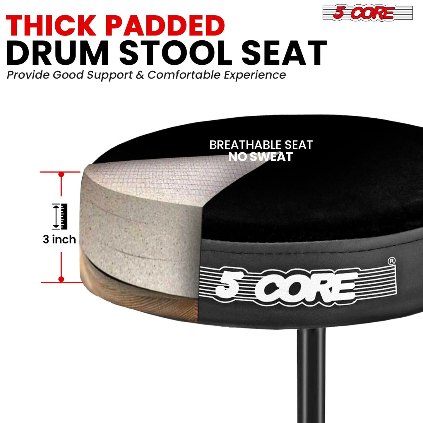 5 Core Drum Throne 3" Thick Padded Comfortable Guitar Stool Drummer Chair Adjustable Musician Seat