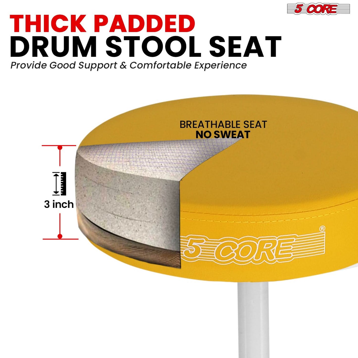 5 Core Drum Throne 3" Thick Padded Comfortable Guitar Stool Drummer Chair Adjustable Musician Seat
