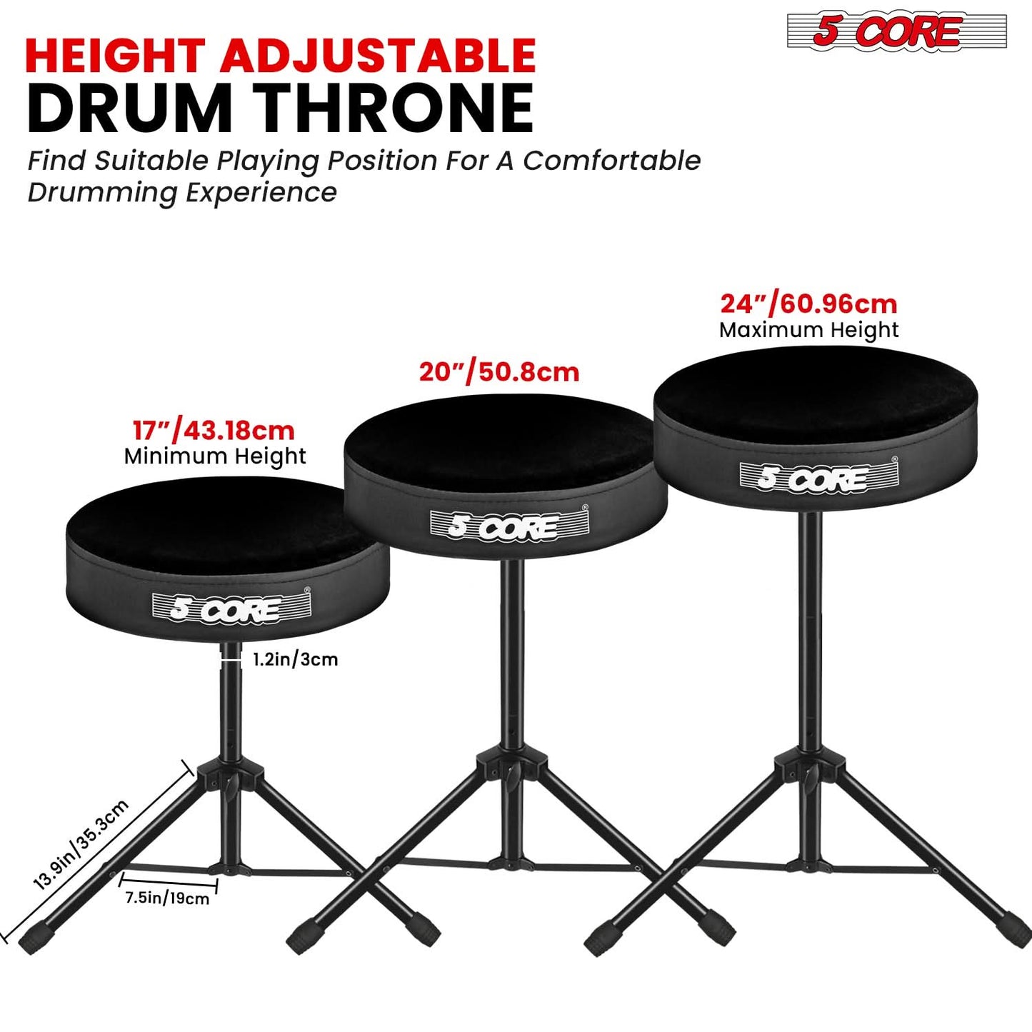 5 Core Drum Throne 3" Thick Padded Comfortable Guitar Stool Drummer Chair Adjustable Musician Seat