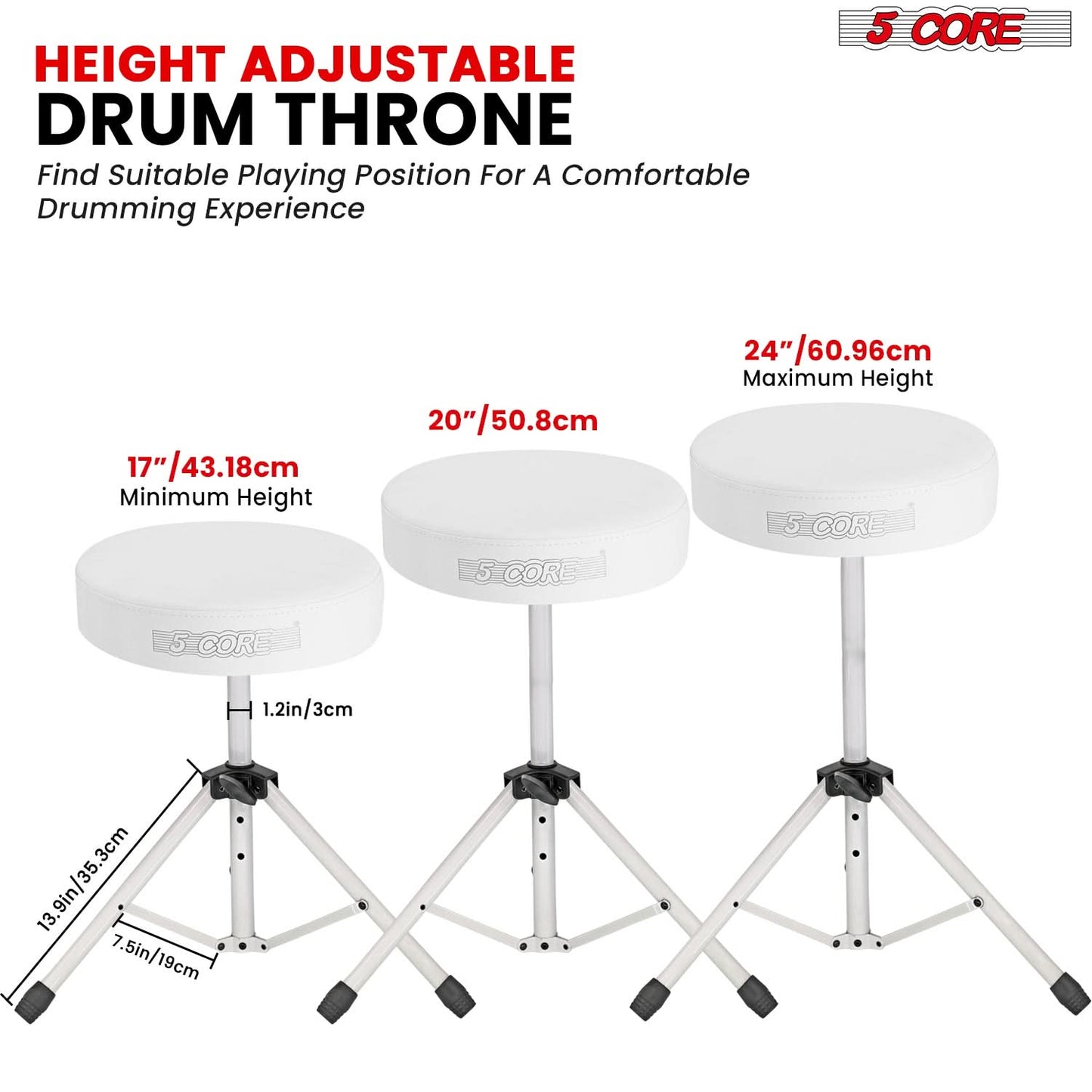 5 Core Drum Throne 3" Thick Padded Comfortable Guitar Stool Drummer Chair Adjustable Musician Seat