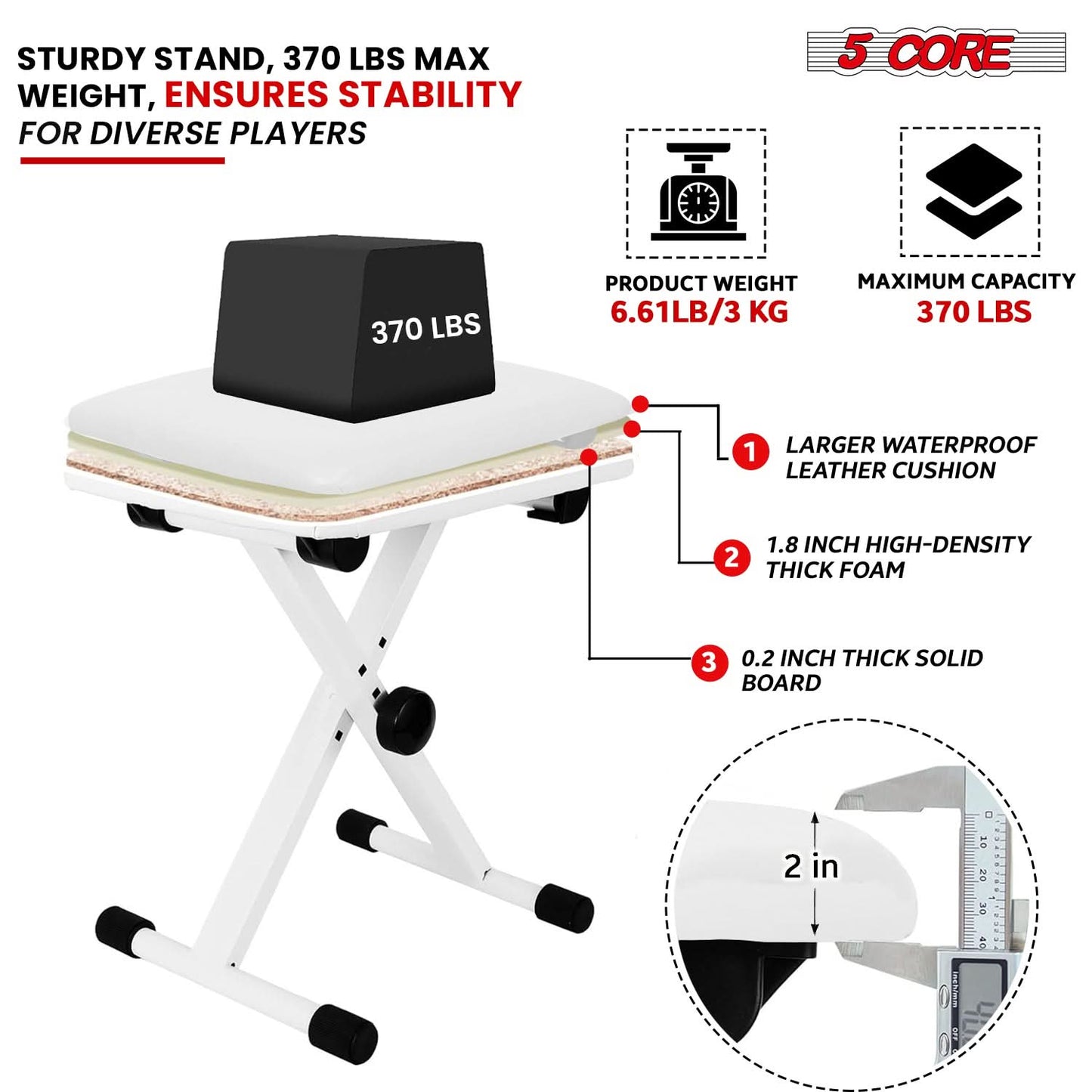 5 Core Keyboard Bench 2" Padded Cushioned Piano Stool Height Adjustable Guitar Seat Folding Portable