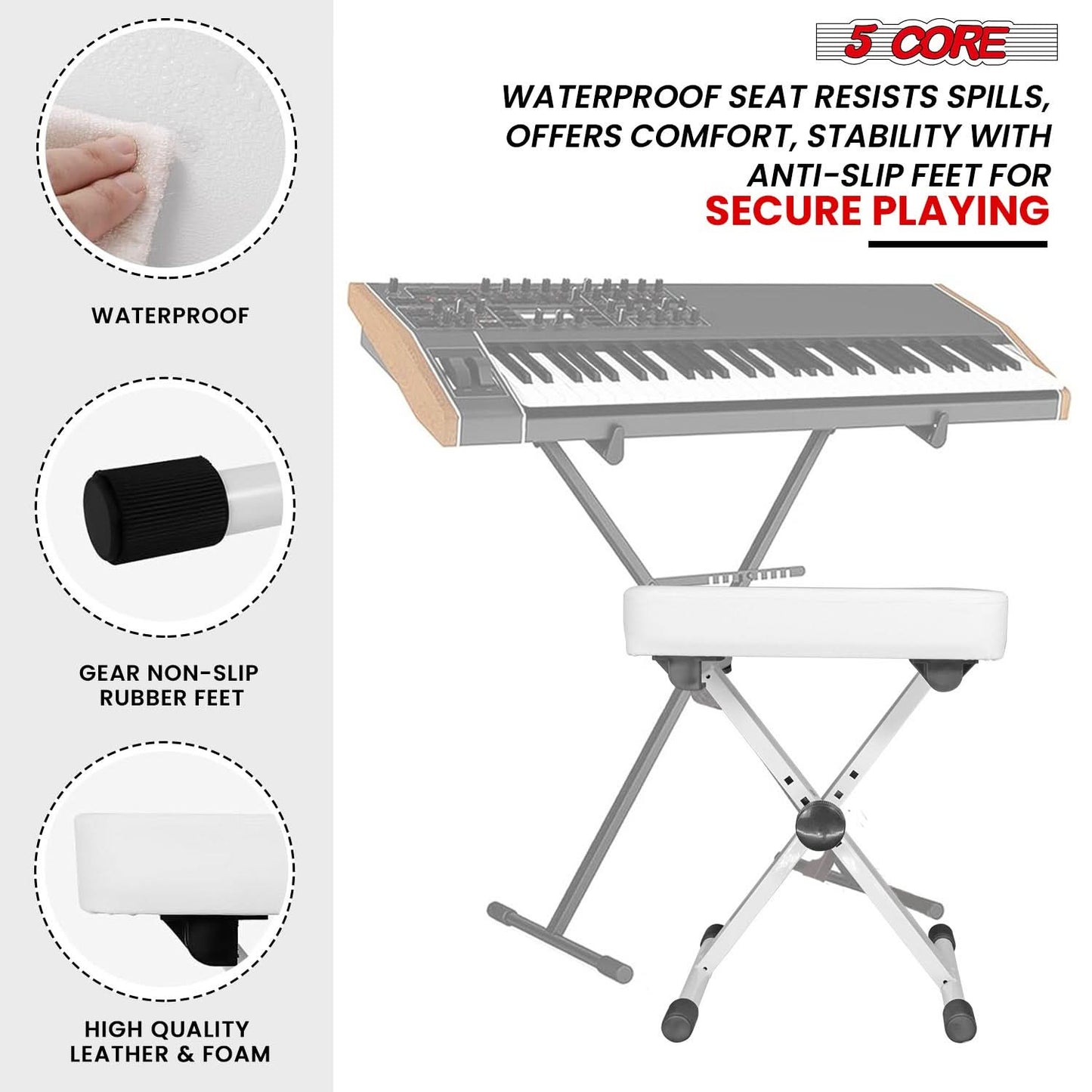 5 Core Keyboard Bench 3" Padded Cushioned Piano Stool Height Adjustable Guitar Seat Folding Portable