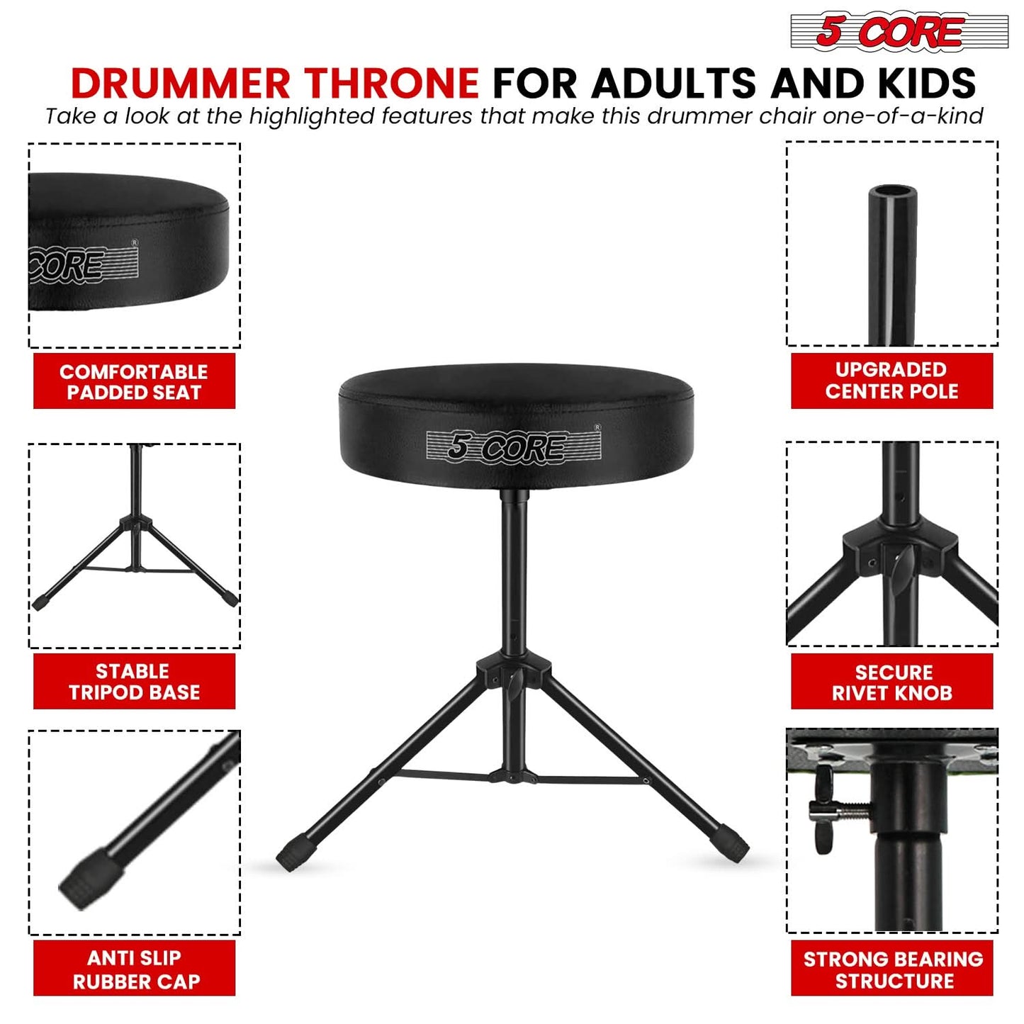 5 Core Drum Throne 3" Thick Padded Comfortable Guitar Stool Drummer Chair Adjustable Musician Seat