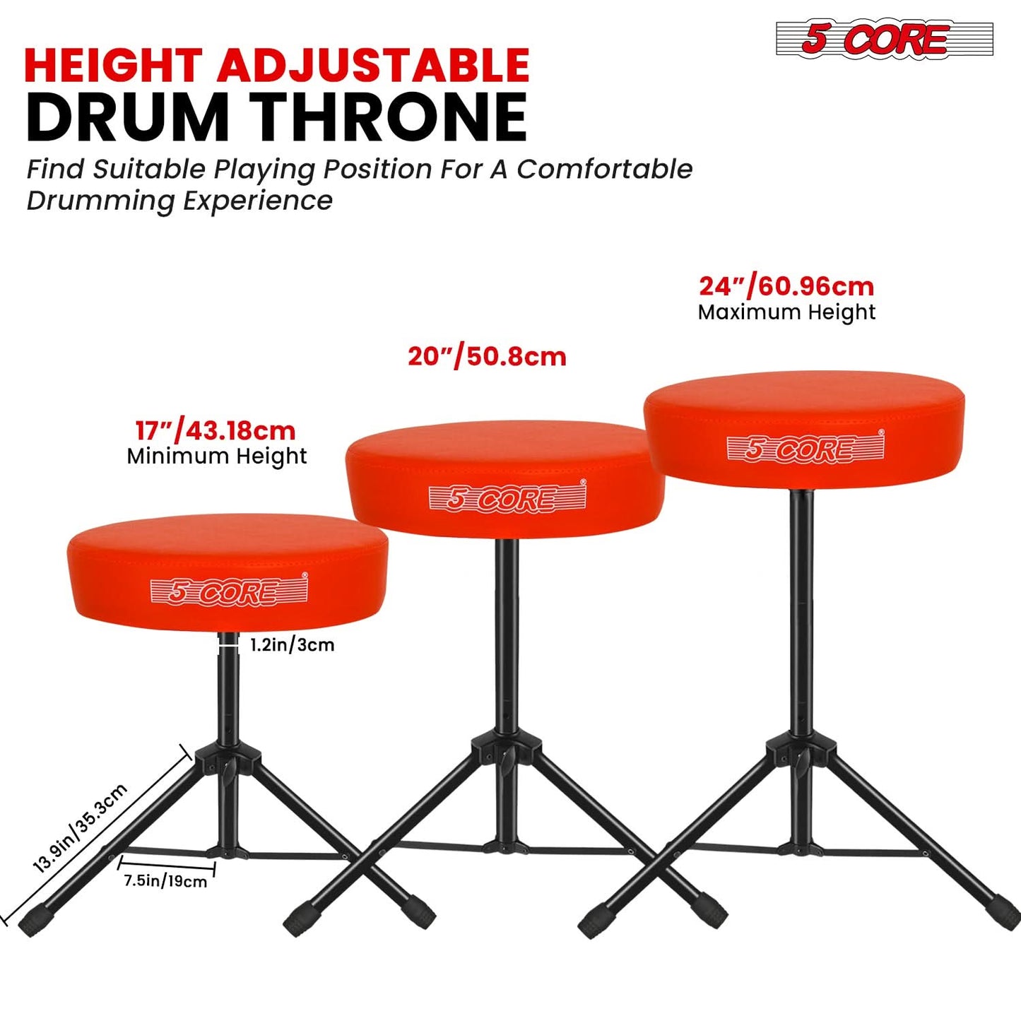 5 Core Drum Throne 3" Thick Padded Comfortable Guitar Stool Drummer Chair Adjustable Musician Seat