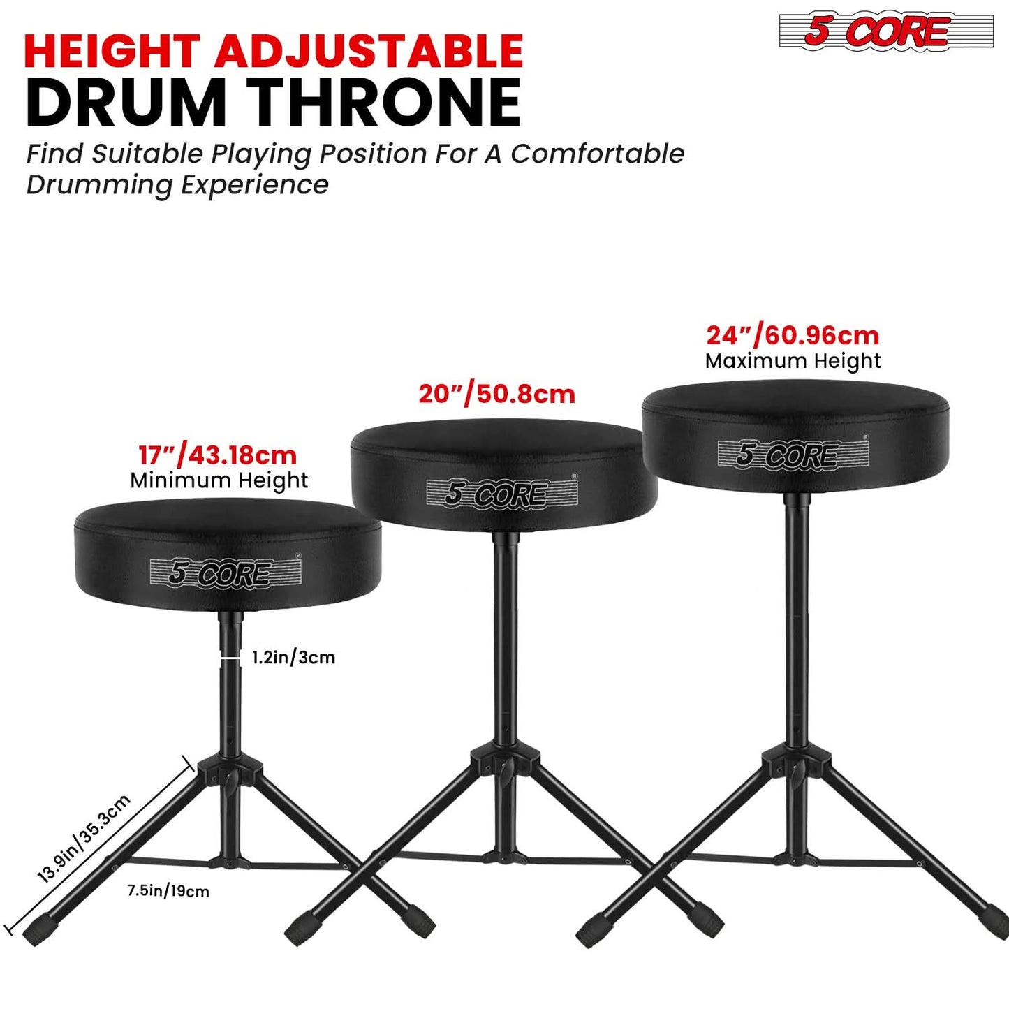 5 Core Drum Throne 3" Thick Padded Comfortable Guitar Stool Drummer Chair Adjustable Musician Seat