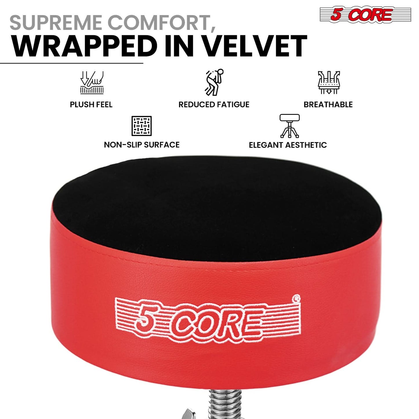 5 Core Drum Throne 5" Padded Guitar Stool Adjustable Heavy Duty Music Chair Seat w Luxury Velvet Top