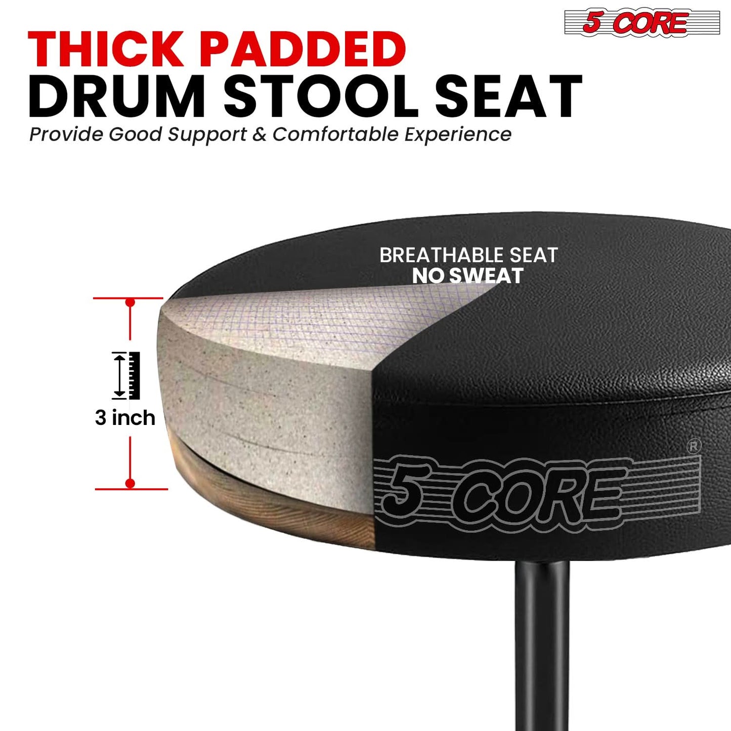5 Core Drum Throne 3" Thick Padded Comfortable Guitar Stool Drummer Chair Adjustable Musician Seat