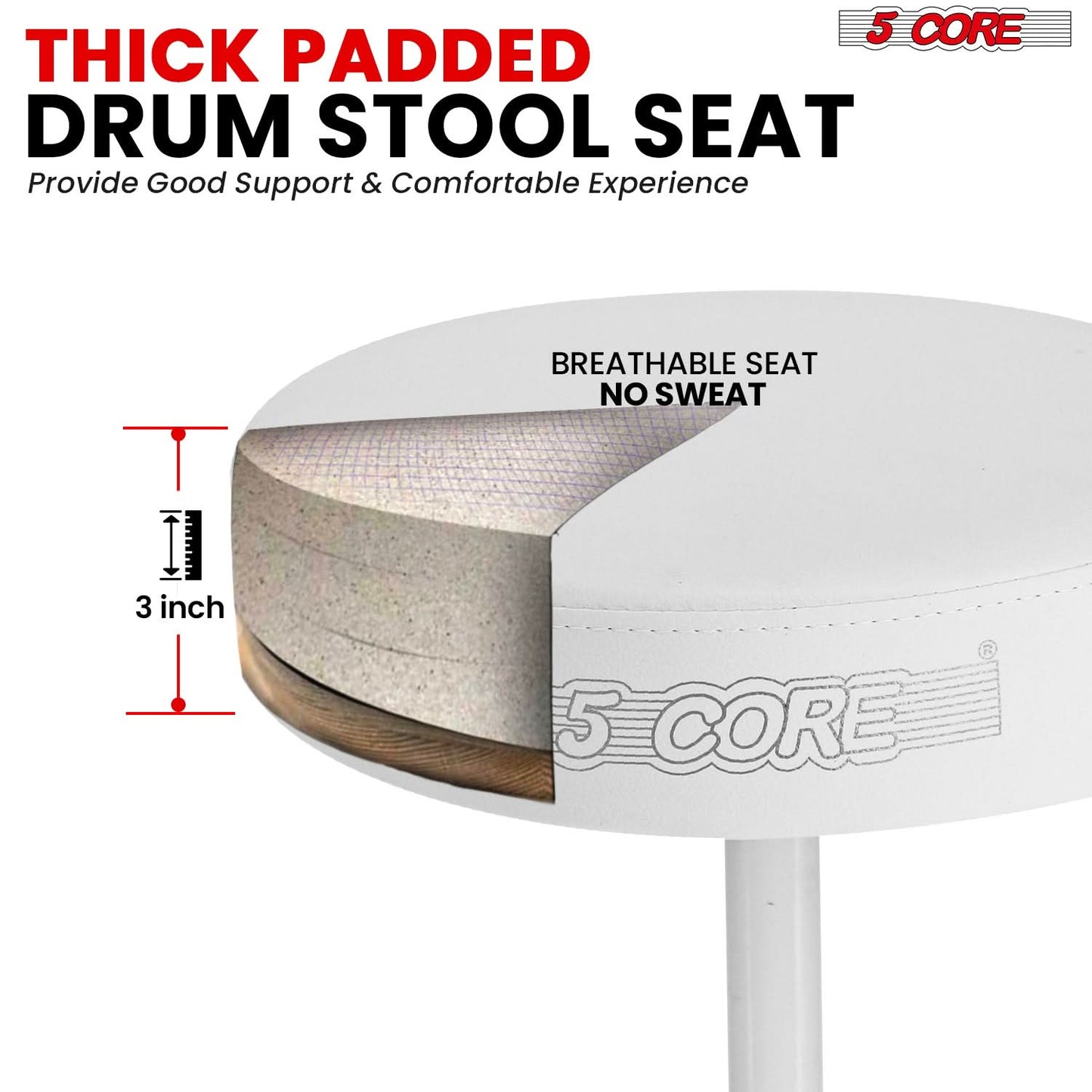 5 Core Drum Throne 3" Thick Padded Comfortable Guitar Stool Drummer Chair Adjustable Musician Seat