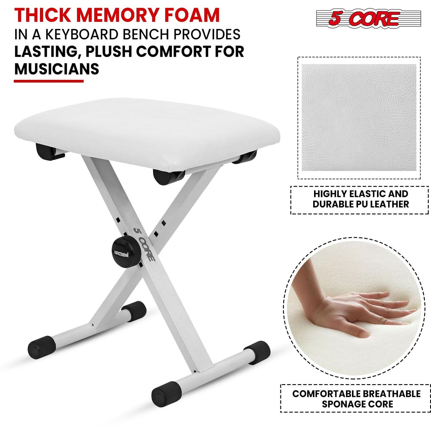 5 Core Keyboard Bench 2" Padded Cushioned Piano Stool Height Adjustable Guitar Seat Folding Portable