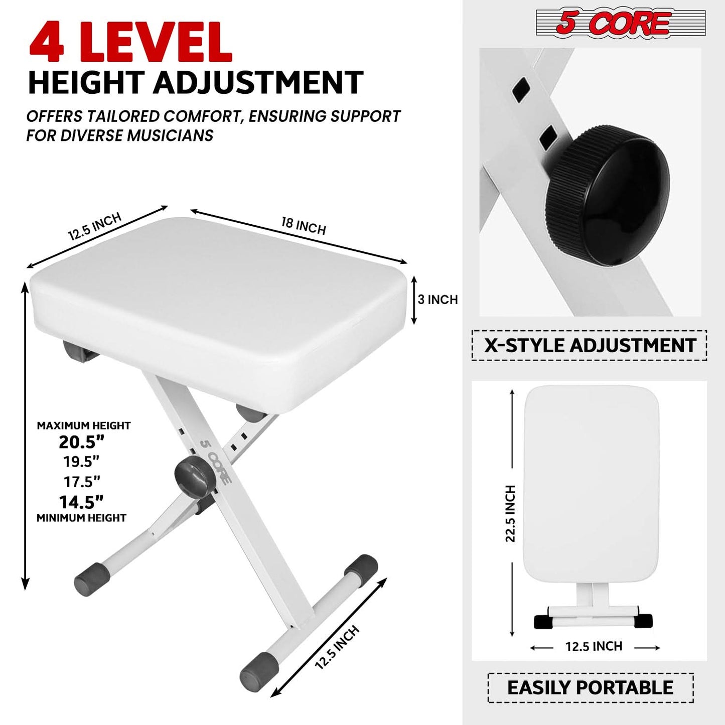 5 Core Keyboard Bench 3" Padded Cushioned Piano Stool Height Adjustable Guitar Seat Folding Portable