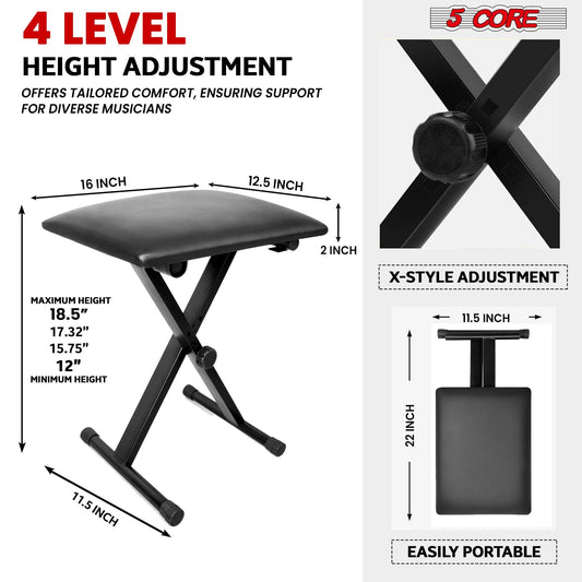5 Core Keyboard Bench 2" Padded Cushioned Piano Stool Height Adjustable Guitar Seat Folding Portable