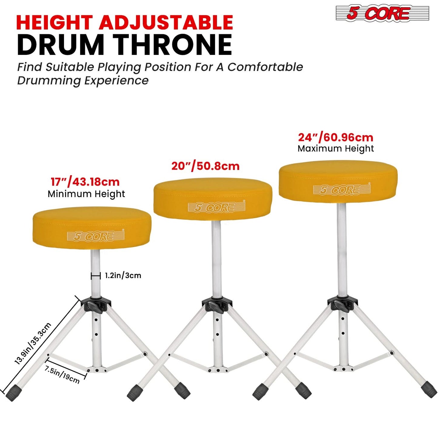 5 Core Drum Throne 3" Thick Padded Comfortable Guitar Stool Drummer Chair Adjustable Musician Seat