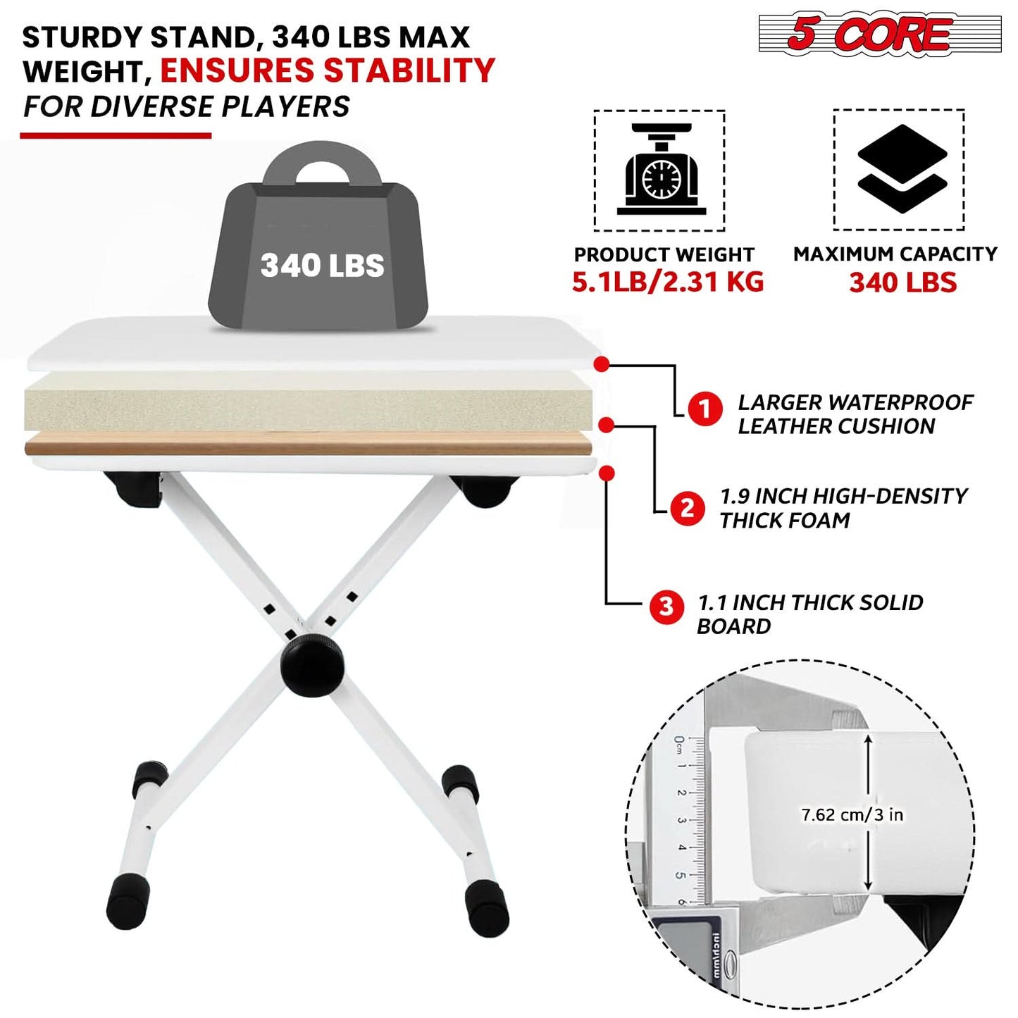 5 Core Keyboard Bench 3" Padded Cushioned Piano Stool Height Adjustable Guitar Seat Folding Portable