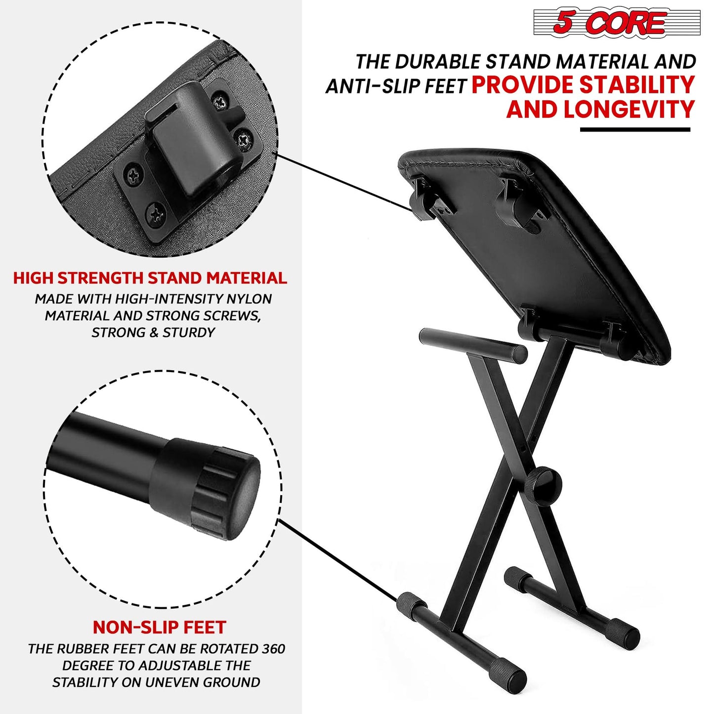 5 Core Keyboard Bench 2" Padded Cushioned Piano Stool Height Adjustable Guitar Seat Folding Portable