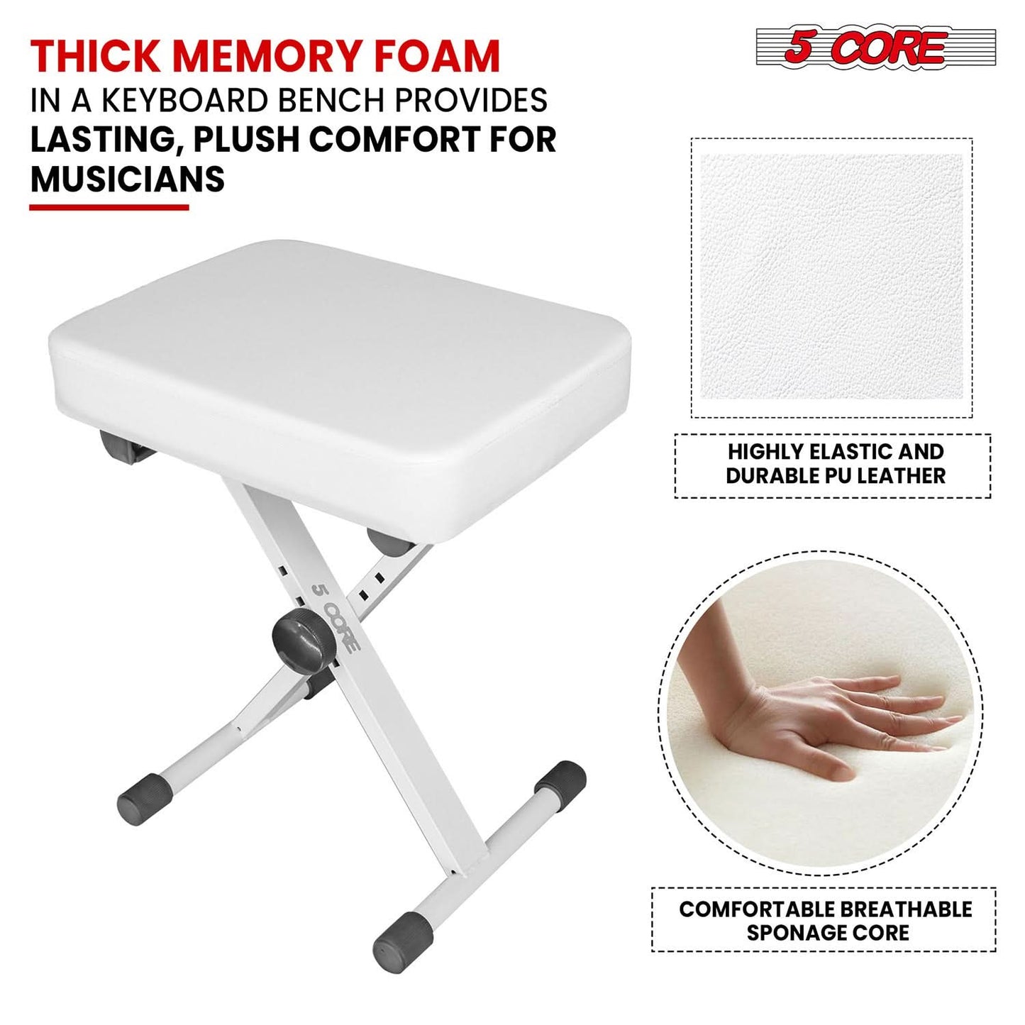 5 Core Keyboard Bench 3" Padded Cushioned Piano Stool Height Adjustable Guitar Seat Folding Portable
