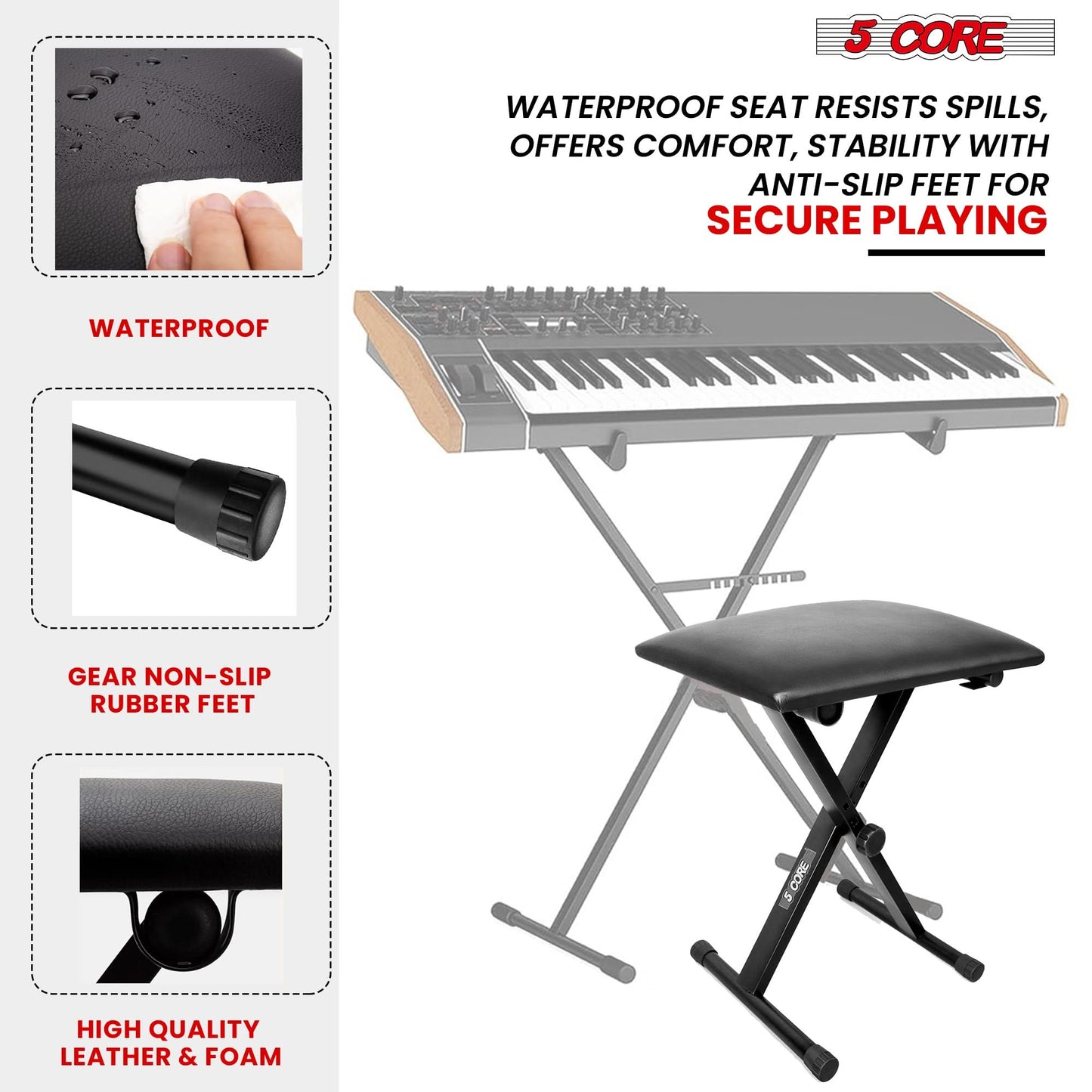 5 Core Keyboard Bench 2" Padded Cushioned Piano Stool Height Adjustable Guitar Seat Folding Portable