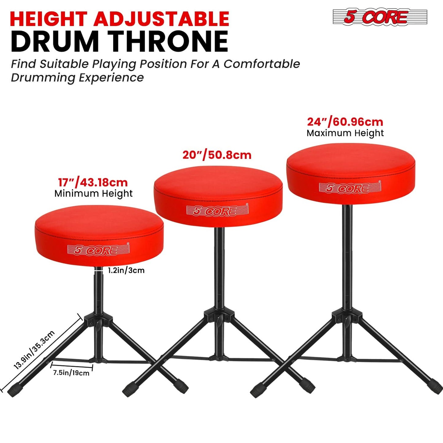 5 Core Drum Throne 3" Thick Padded Comfortable Guitar Stool Drummer Chair Adjustable Musician Seat