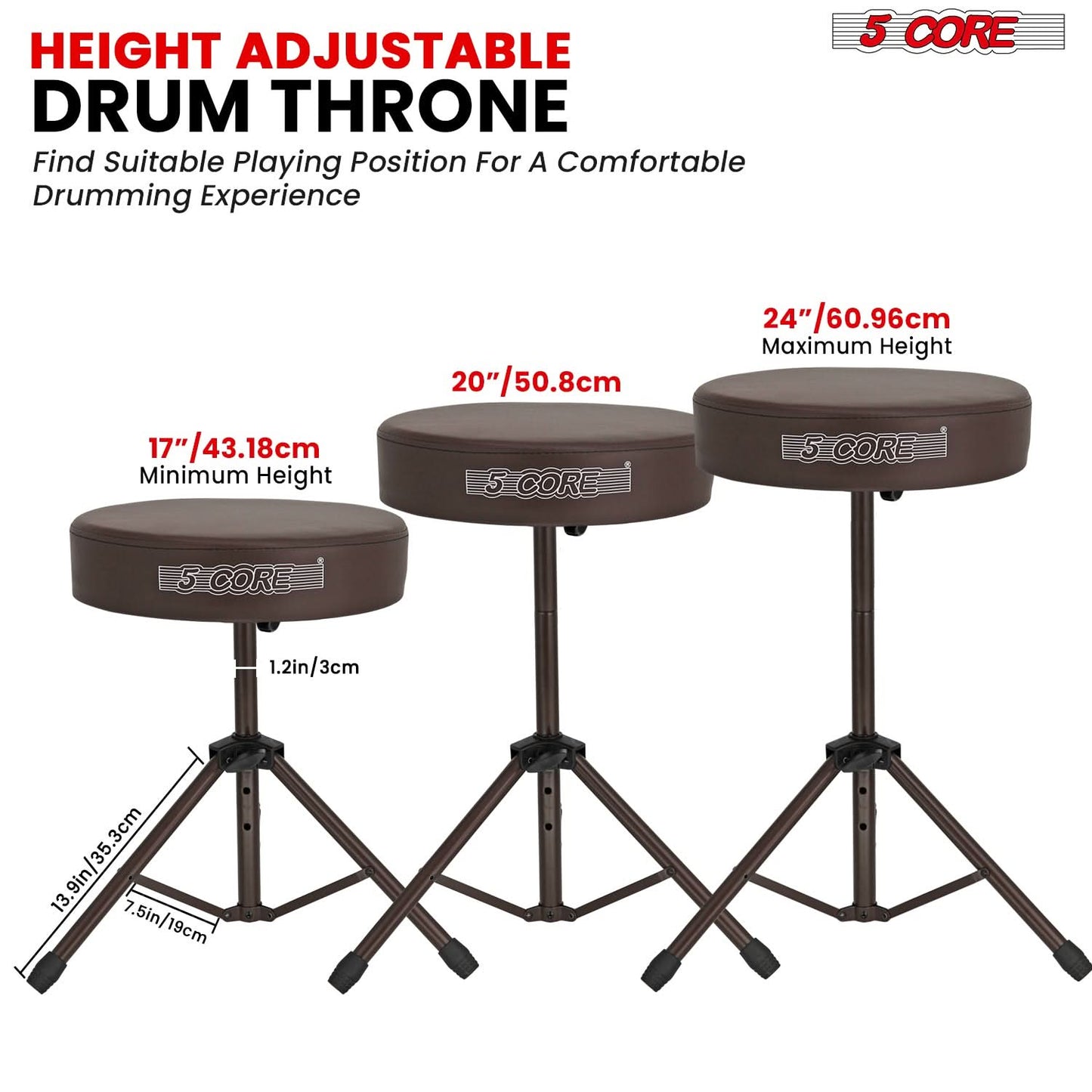 5 Core Drum Throne 3" Thick Padded Comfortable Guitar Stool Drummer Chair Adjustable Musician Seat