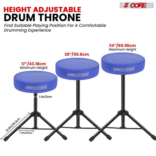 5 Core Drum Throne 3" Thick Padded Comfortable Guitar Stool Drummer Chair Adjustable Musician Seat