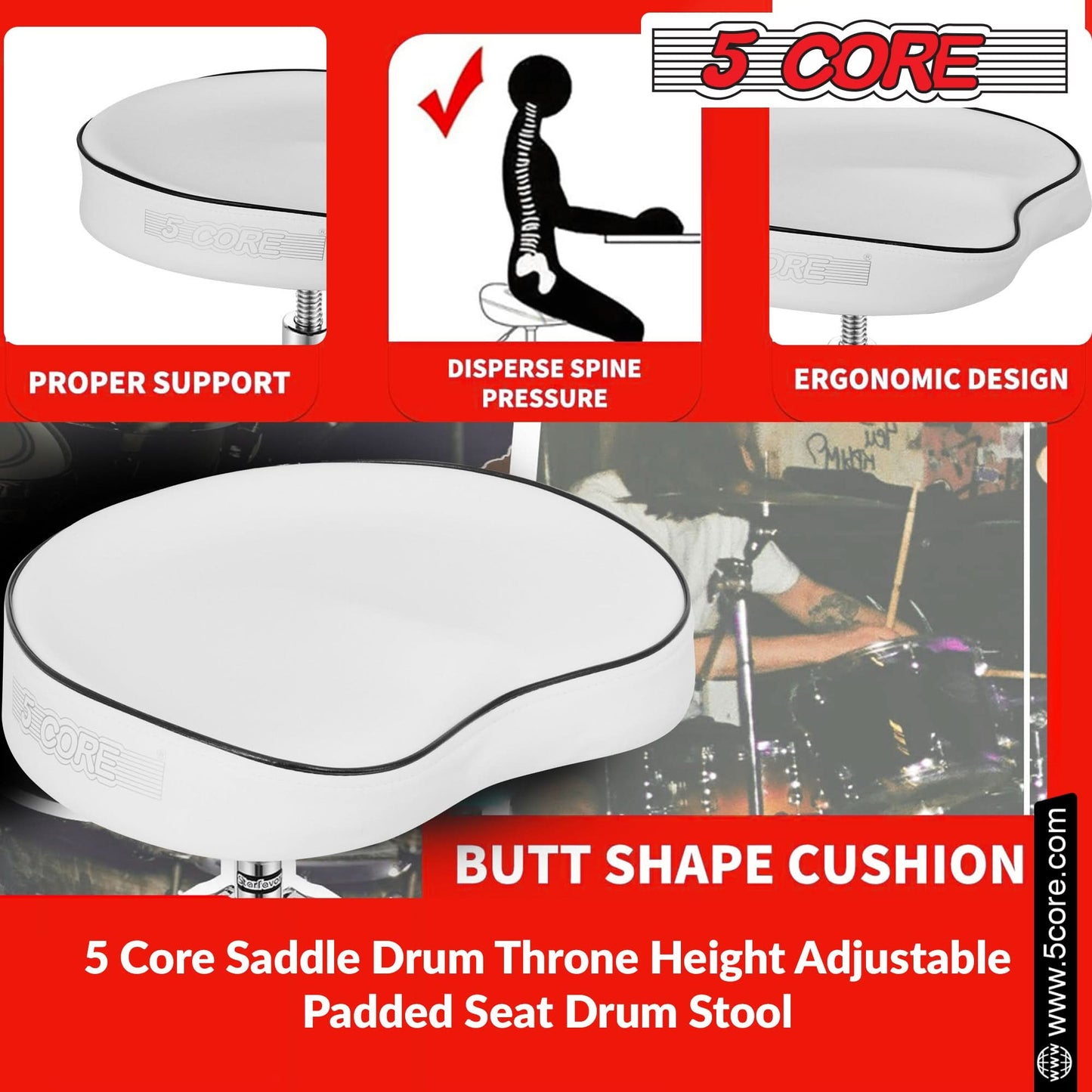 5 Core Drum Throne 4" Padded Guitar Stool Drummer Chair Adjustable Musician Seat