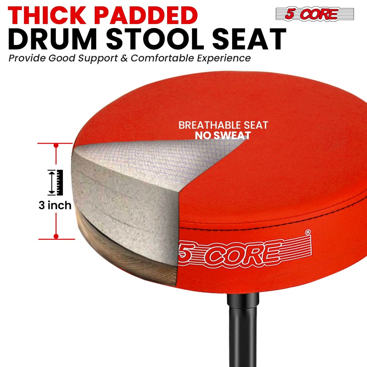 5 Core Drum Throne 3" Thick Padded Comfortable Guitar Stool Drummer Chair Adjustable Musician Seat