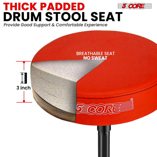 5 Core Drum Throne 3" Thick Padded Comfortable Guitar Stool Drummer Chair Adjustable Musician Seat