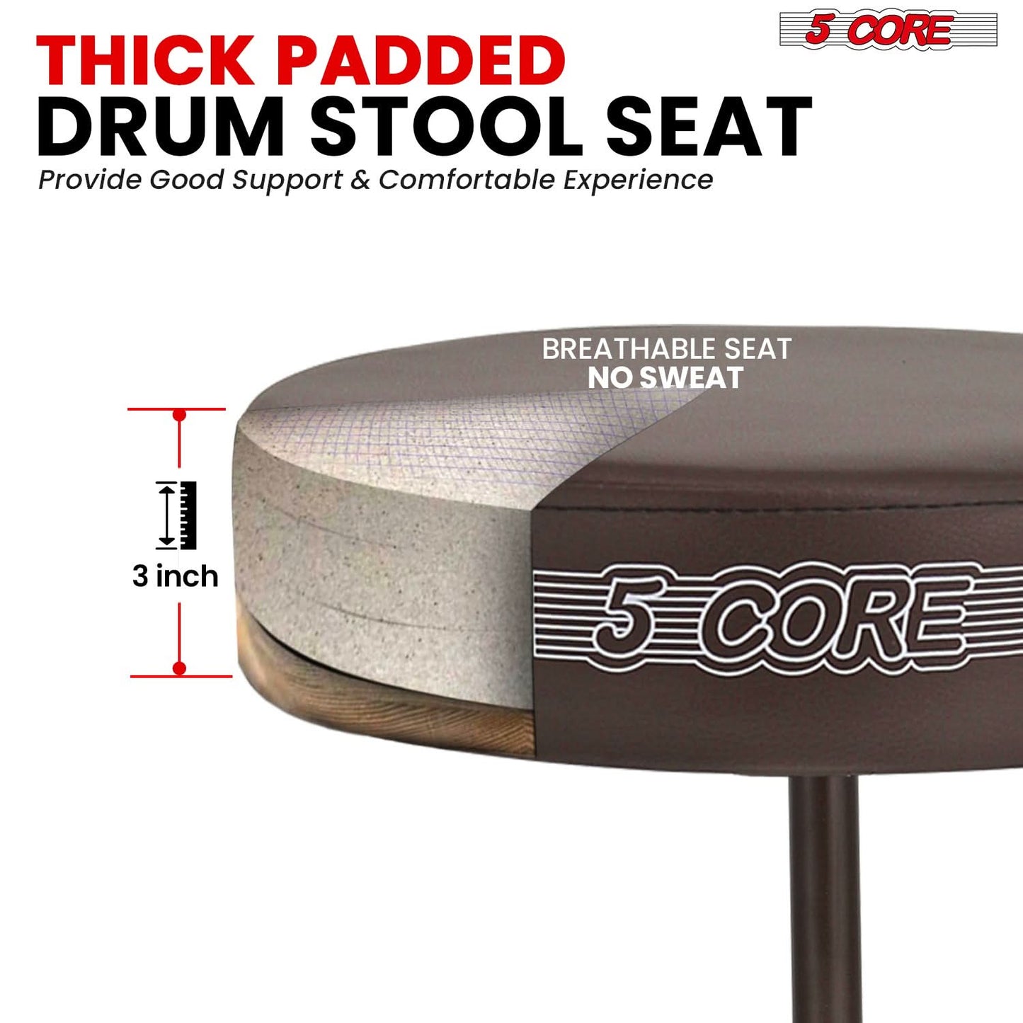5 Core Drum Throne 3" Thick Padded Comfortable Guitar Stool Drummer Chair Adjustable Musician Seat