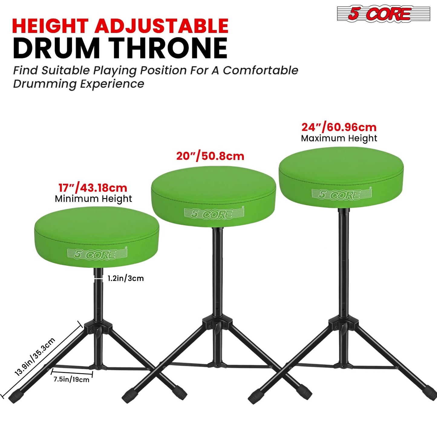 5 Core Drum Throne 3" Thick Padded Comfortable Guitar Stool Drummer Chair Adjustable Musician Seat